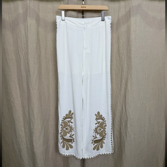 MADE IN ITALY White Pants with Brown Floral Embroidery - Picture 1 of 3
